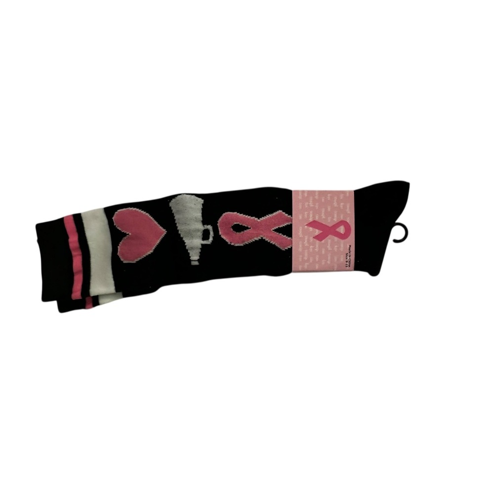 Breast Cancer Awareness Socks Cheerleader Heart Ribbon Black Pink Size 9-11 - Picture 4 of 11